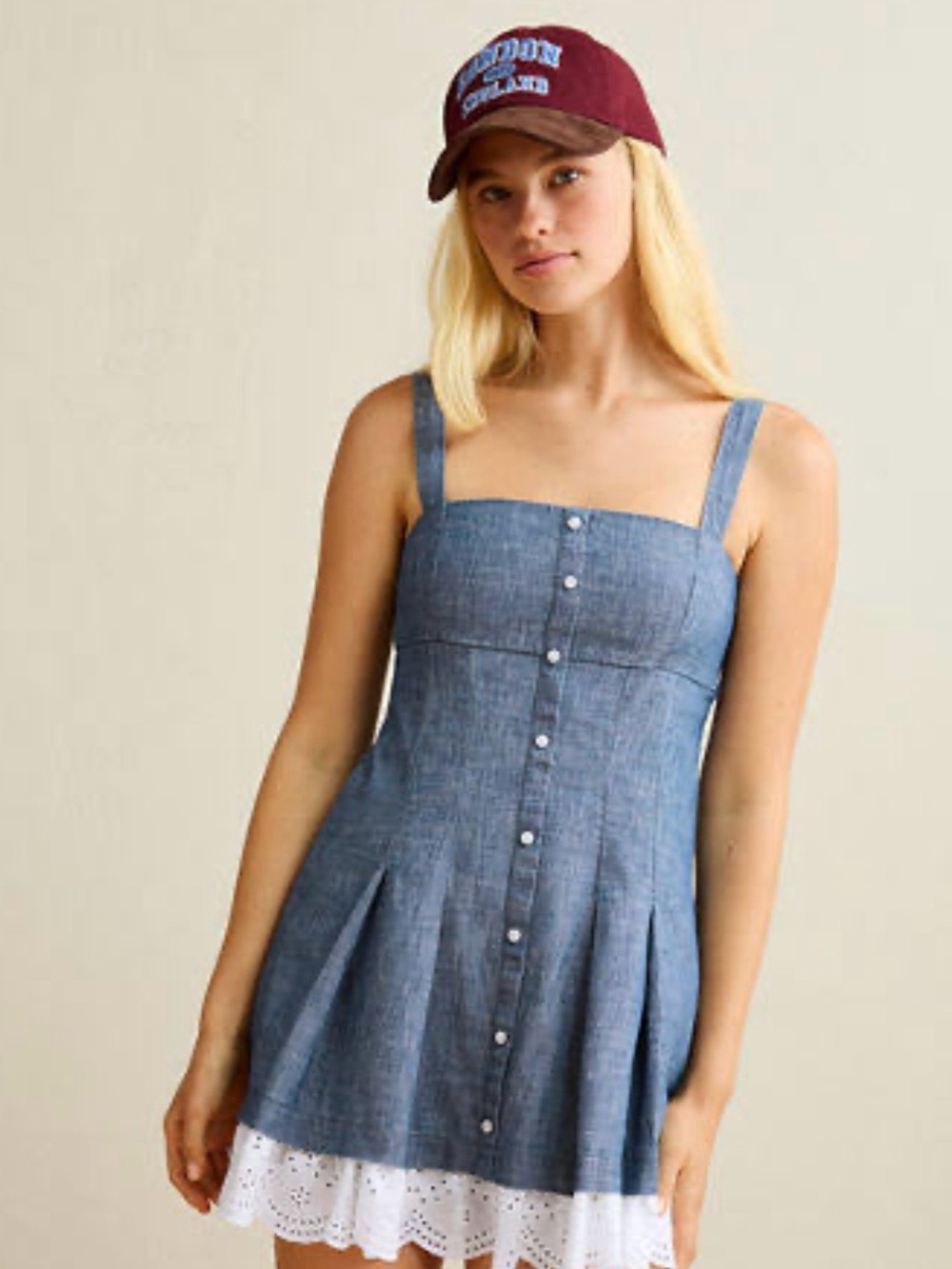 Chambray Button-Front Sundress with Eyelet Hem - Blue